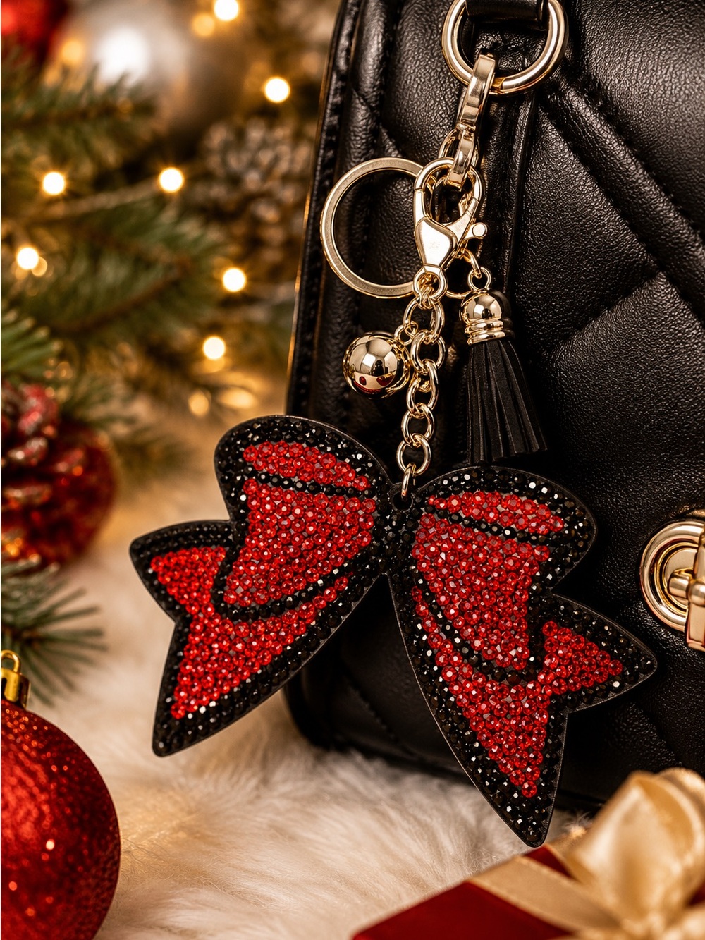 Red Rhinestone Bow Bag Charm Keychain Purse Charm